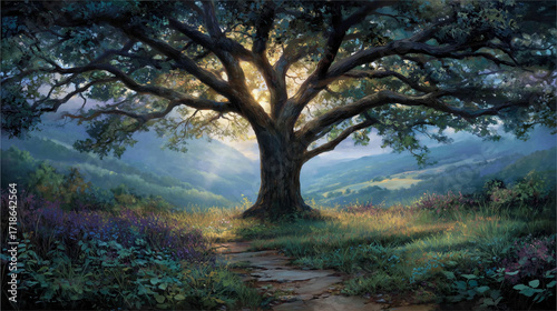 Big old oak tree at sunrise with glowing light, wallpaper background