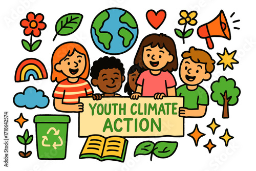 Youth Climate Icons. Colorful Hand-drawn doodle Children illustration Youth Climate Action children, protest sign, earth, rainbow,