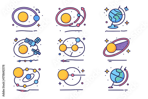 Orbital Mechanics Icons. Colorful isometric vector icons set of orbital mechanics and systems: elliptical orbit, retrograde motion