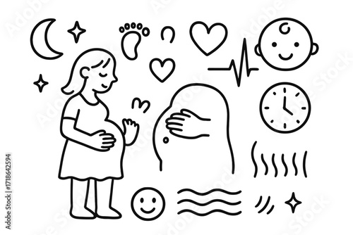 Pregnancy Doodle Icons. Hand-drawn doodle illustration Baby kicks baby bump, tiny foot, heart, hand on belly, baby icon, heartbeat