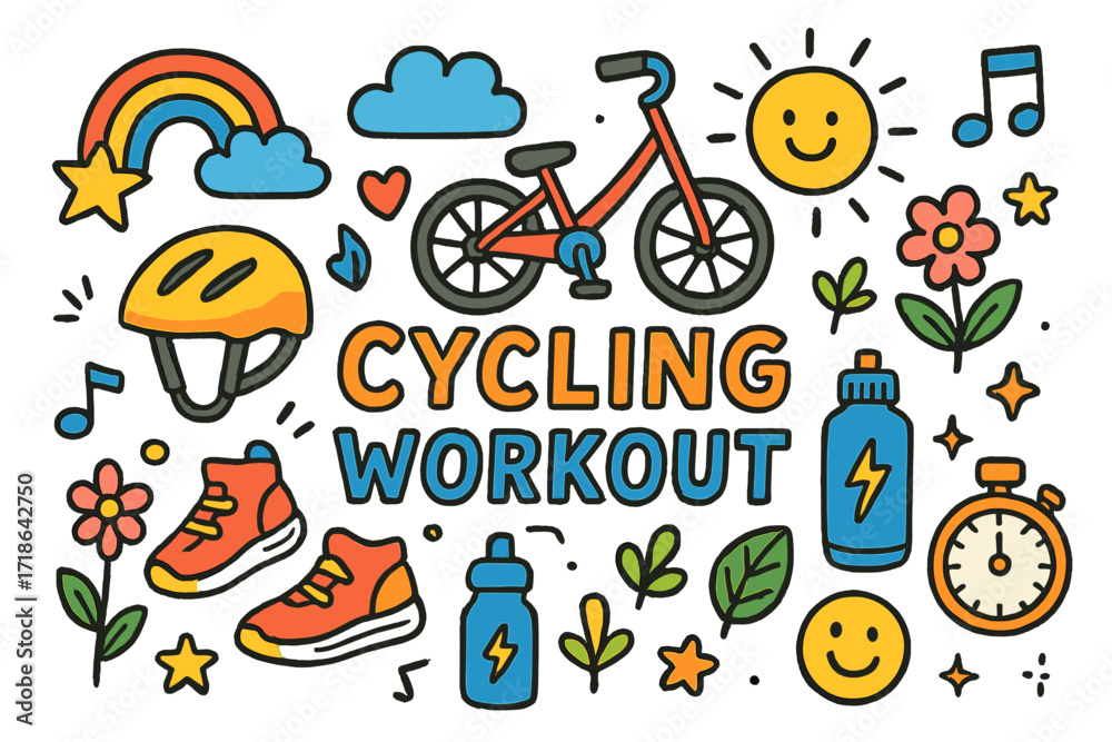 Fototapeta premium Playful Cycling Doodles. Colorful Hand-drawn doodle Children illustration Cycling Workout [bicycle, helmet, sneakers, water bottle
