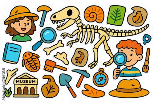 Kids Discover Fossils. Colorful Hand-drawn doodle Children illustration Studying fossils and paleontology [dinosaur skeleton,