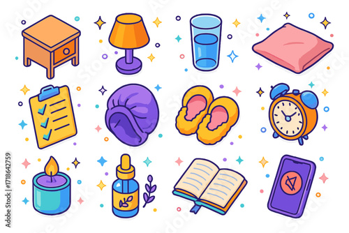 Isometric Nighttime Skincare Icons. Colorful isometric vector icons set of nighttime skincare setup: bedside table, dim lamp,