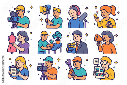 Movie Crew Icons. Colorful isometric vector icons set of movie production crew: cinematographer, gaffer, sound engineer, makeup