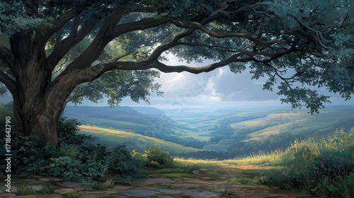 Scenic valley view framed by big old oak tree, wallpaper background