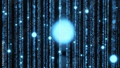 Digital matrix background with glowing blue lines and dots in a futuristic tech environment.