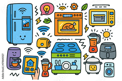 Smart Home Appliances. Smart Appliances. Colorful Hand-drawn doodle Children illustration smart fridge, smart oven, smart