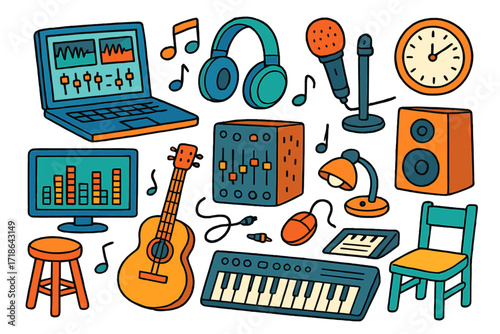 Music Doodle Fun. Colorful Hand-drawn doodle Children illustration Mixing and editing music [laptop, mixing console, headphones,