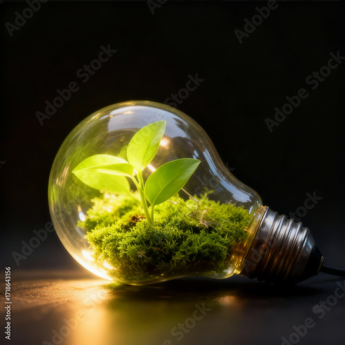 Light Bulb with a Vibrant Green Sprout Growing Inside:
Visualizing Sustainable Growth, Creative Energy, and Environmental Renewal in a Fresh, Natural Setting
