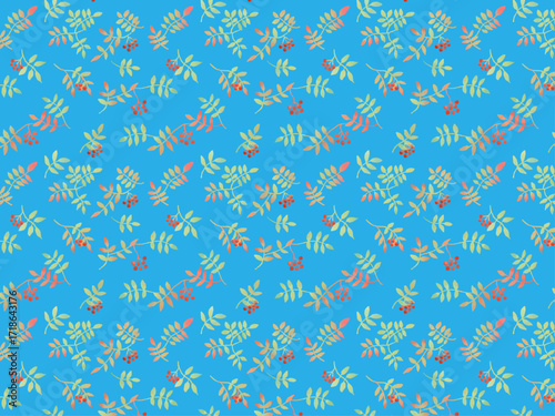 ナナカマドの背景　紅葉するナナカマドの葉と赤い実　水彩　イラスト