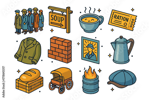 Vintage Breadline Icons. Colorful isometric vector icons set of vintage bread lines: 1930s bread queue, wooden soup kitchen sign,