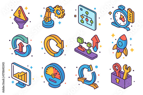Process Optimization Icons. Colorful isometric vector icons set of process optimization tools: bottleneck alert, automation gear,