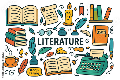 Literary Doodle Delight. Literature. Colorful Hand-drawn doodle Children illustration Literature open book, stack of books, quill