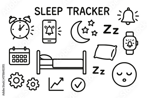 Sleep Tracker Doodle. Hand-drawn doodle illustration Sleep tracker alarms [alarm clock, smartphone, smartwatch, bell, ringing