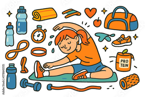 Post-Workout Essentials. Stretching post-workout. Colorful Hand-drawn doodle Children illustration stretching post-workout yoga
