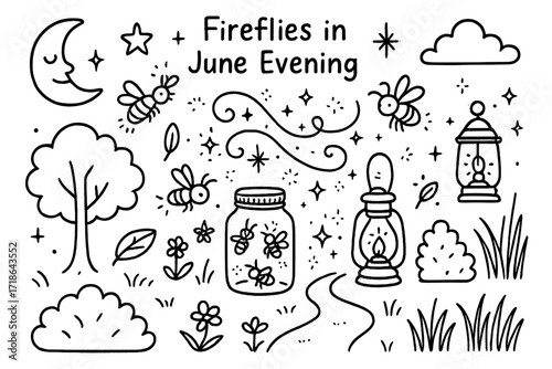 June Firefly Night. Hand-drawn doodle illustration Fireflies in June evening [firefly, glowing spark, moon, star, grass, tree,