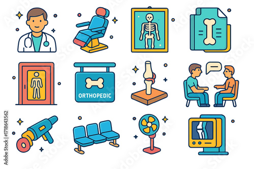 Orthopedic Icons Set. Colorful isometric vector icons set of hospital orthopedic department: bone specialist doctor, exam room
