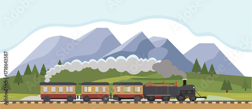A cheerful cartoon train set against a backdrop of towering mountains under a clear sky.