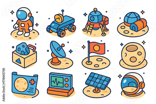 Moon Exploration Icons. Colorful isometric vector icons set of Moon exploration: astronaut on moon, moon rover, lunar module, moon