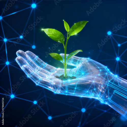Translucent Digital Hand Holding Vibrant Green Sprouts:
Visualizing the Fusion of Advanced Technology and Nature, Symbolizing Growth and Innovation in a Futuristic Setting