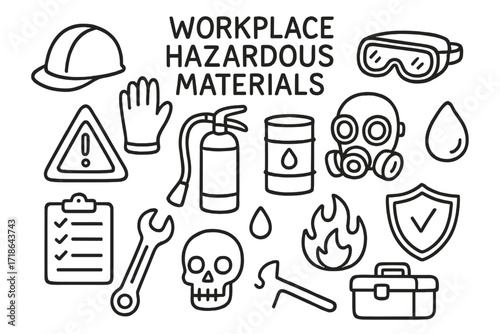 Workplace Safety Doodles. Hand-drawn doodle illustration Workplace hazardous materials [helmet, gloves, goggles, gas mask, warning