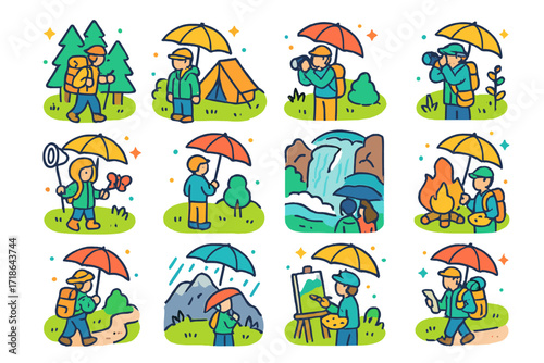 Umbrella Adventures Icons. Colorful isometric vector icons set of people using umbrellas in nature: hiker with umbrella in forest,
