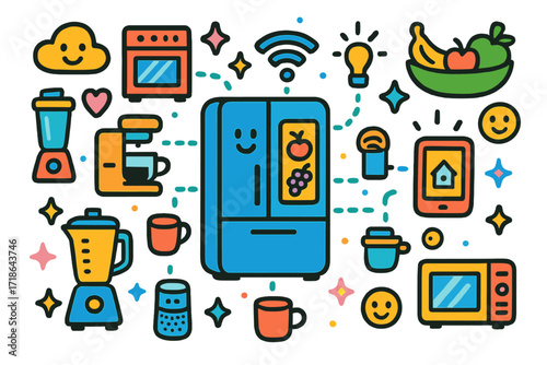 Smart Kitchen Doodle. Colorful Hand-drawn doodle Children illustration Connected Kitchen smart fridge, oven, microwave, blender,