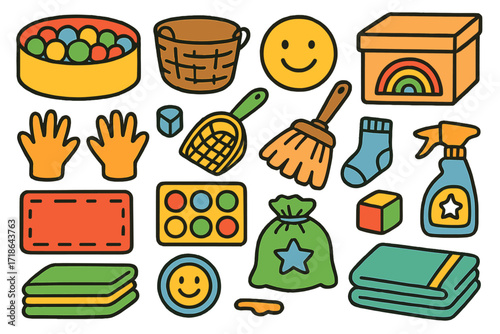 Playroom Cleanup Chaos. Colorful Hand-drawn doodle Children illustration Ball Pit Cleanup basket, toy scoop, storage box, smiling