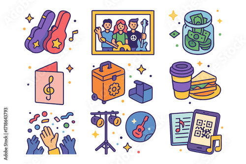 Post-Wedding Band Icons. Colorful isometric vector icons set of post-wedding band celebration: instrument cases, band group photo,