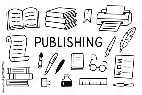 Publishing Tools Icons. Publishing. Hand-drawn doodle illustration open book, stack of books, printer, typewriter, scroll, ink pen