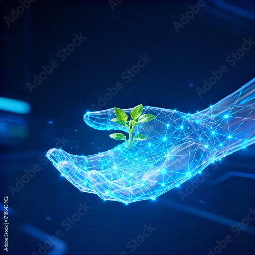 Translucent Digital Hand Holding Vibrant Green Sprouts:
Visualizing the Fusion of Advanced Technology and Nature, Symbolizing Growth and Innovation in a Futuristic Setting