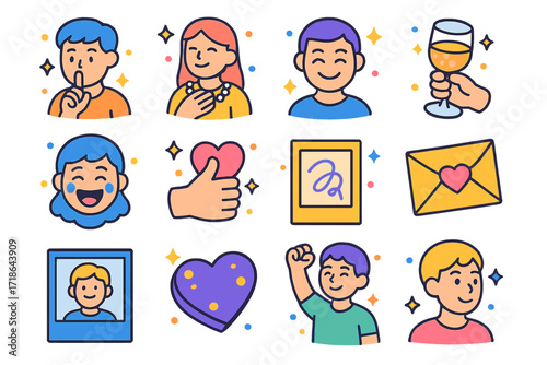 Unspoken Happiness Icons. Colorful isometric vector icons set of unspoken happiness: silent cheer, clutched necklace, heartfelt