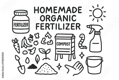 Organic Fertilizer Doodles. Hand-drawn doodle illustration Homemade organic fertilizer [fertilizer jar, spray bottle, kitchen