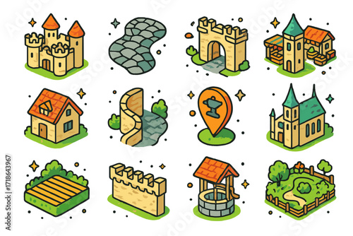 Medieval Town Icon Set. Colorful isometric vector icons set of Medieval town maps: castle illustration, cobblestone street, town