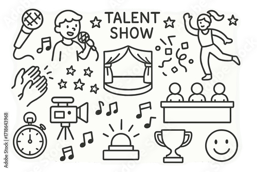 Talent Show Doodle. Hand-drawn doodle illustration Talent show performance [microphone, singer, dancer, spotlight, judge desk,