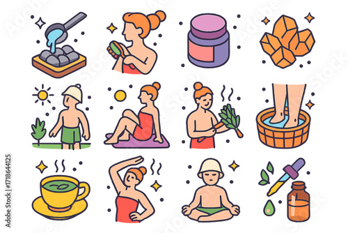 Sauna Ritual Icons. Colorful isometric vector icons set of Sauna rituals and routines: pouring water on stones, brushing skin,