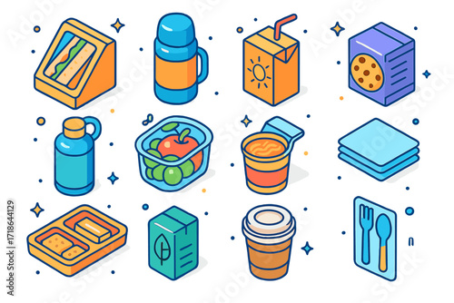 Isometric Travel Snack Icons. Colorful isometric vector icons set of Travel Snacks & Drinks on the Train: sandwich box, thermos