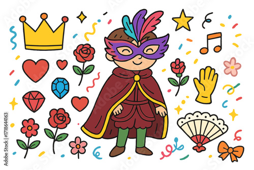 Whimsical Costume Icons. Colorful Hand-drawn doodle Children illustration Elegant costume design feather mask, velvet cloak, heart