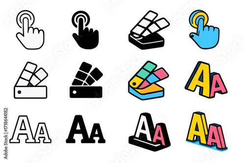 UI_UX Icon Set. Icon Set of UI/UX Development: Touch gesture, Color picker, Typography scale. Icons set in vector style,