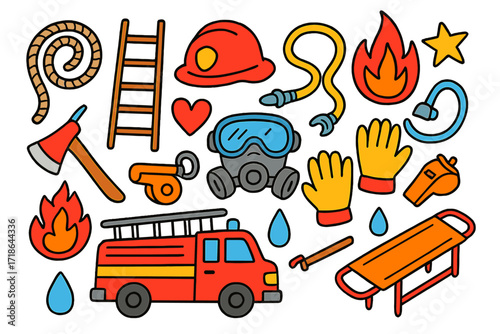 Rescue Mission Doodle. Rescue mission. Colorful Hand-drawn doodle Children illustration rope, ladder, helmet, hose, mask, flame,