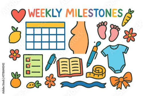 Weekly Baby Milestones. Weekly Milestones. Colorful Hand-drawn doodle Children illustration calendar, belly growth chart, baby