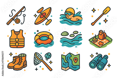 River Adventure Icons. Colorful isometric vector icons set of River activities: fishing rod, kayak, river swimmer, paddle, life