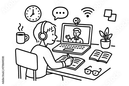 Online Lecture Essentials. Hand-drawn doodle illustration A student taking notes during an online lecture via video call laptop,