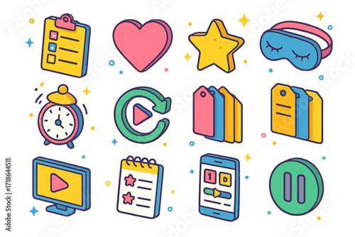 Movie Night Icons. Colorful isometric vector icons set of movie night checklist: watchlist clipboard, favorite icon, movie ratings