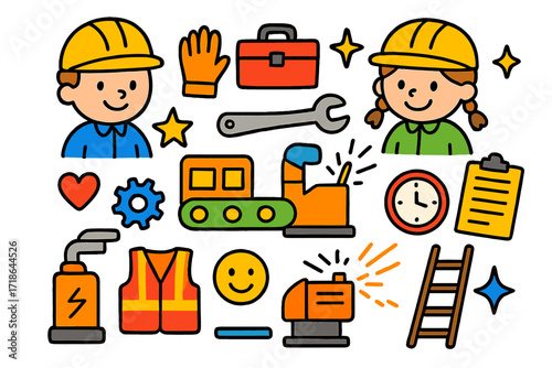 Playful Factory Doodles. Colorful Hand-drawn doodle Children illustration Factory Workers hard hat, gloves, toolbox, conveyor belt