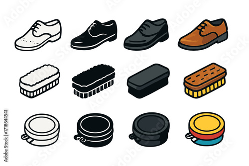 Polishing Essentials Icons. Icon Set of Polishing Shoes Essentials: Leather shoe, Shoe brush, Shoe polish tin. Icons set in vector