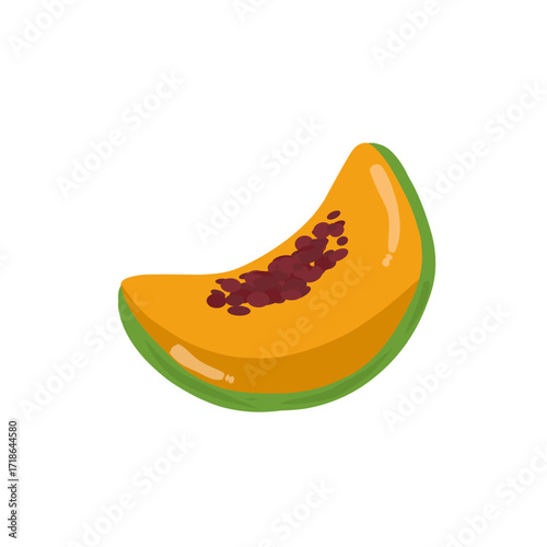 Papaya Slice: Simple Illustration, Orange Flesh, Brown Seeds, Green Skin.