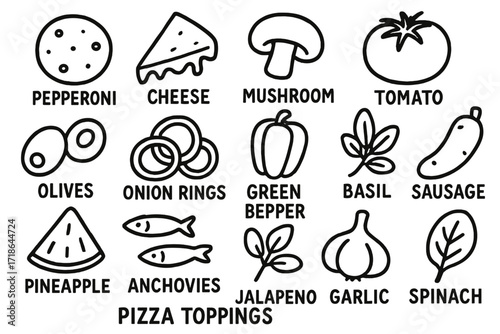 Pizza Toppings Doodle. Hand-drawn doodle illustration Pizza toppings [pepperoni, cheese, mushroom, tomato, olives, onion rings,