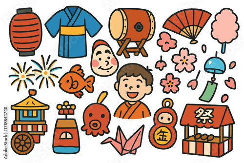 Japanese Matsuri Doodle. Colorful Hand-drawn doodle Children illustration Japanese Matsuri lantern, yukata, taiko drum, fan, mask,