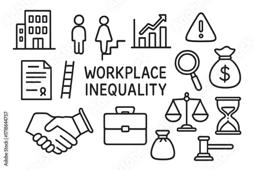 Workplace Inequality Symbols. Hand-drawn doodle illustration workplace inequality office building, man symbol, woman symbol,